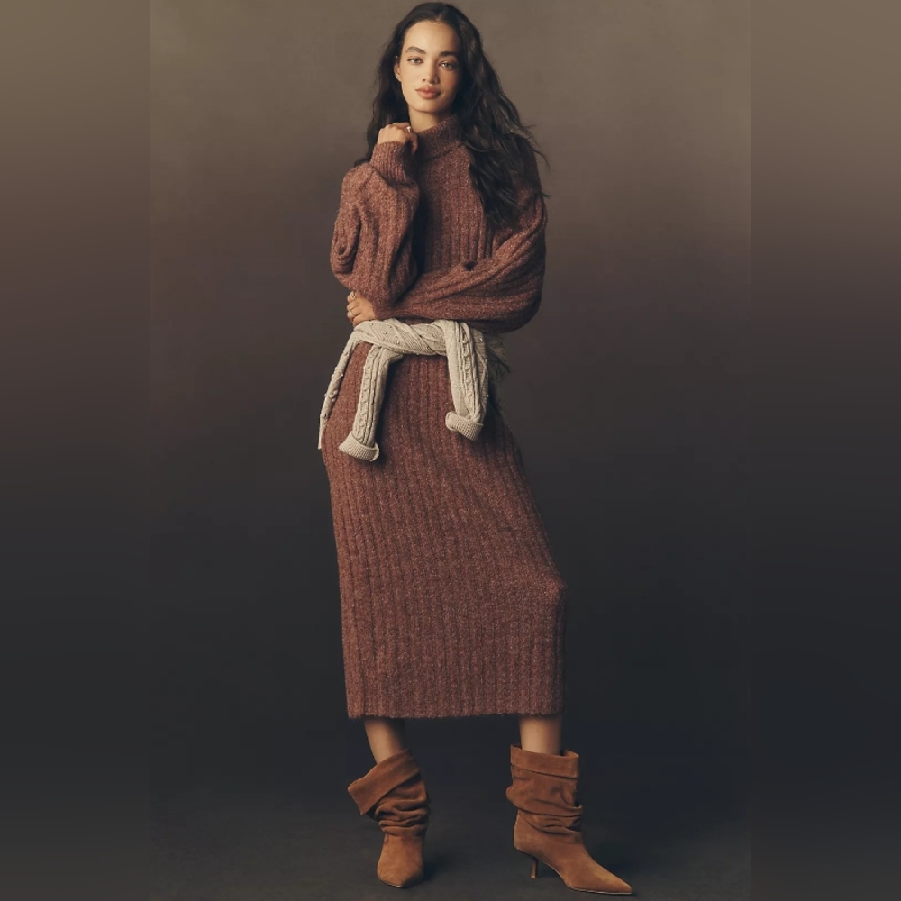 By Anthropologie Long-Sleeve Turtleneck Belted Sweater Midi Dress XL Mauve NWT